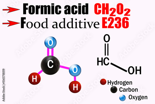 Принти на полотні A 3D illustration of the formic acid (CH₂O₂) molecule, also known as methanoic acid and food additive E236, showing its simple chemical structure