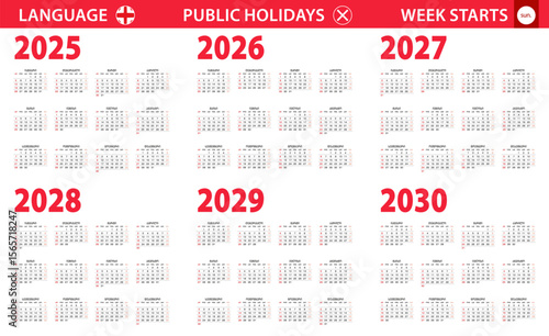 2025-2030 year calendar in Georgian language, week starts from Sunday.