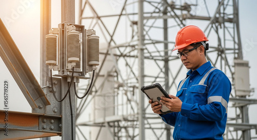 It Support Technician using tablet at telecommunications equipment installation site