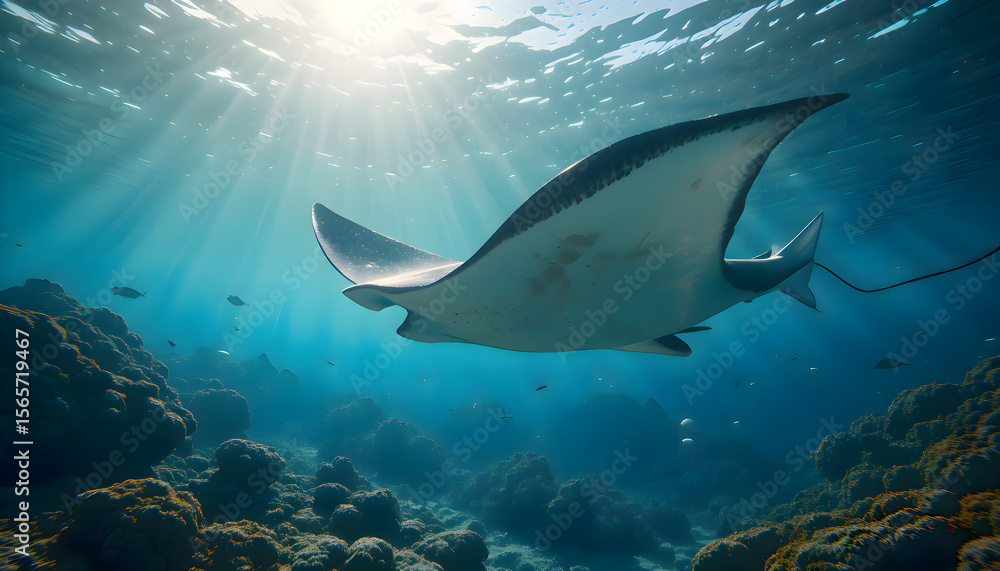 Fototapeta premium Manta ray gliding elegantly through the ocean depths with large wings outstretched, surrounded by deep blue water in a peaceful and surreal underwater scene