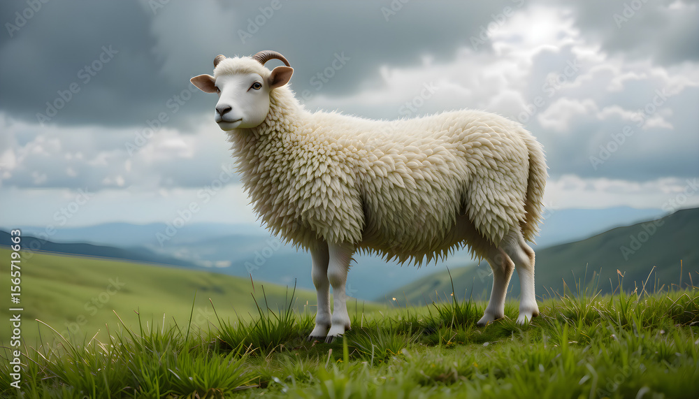 Fototapeta premium Sheep standing quietly on a grassy hillside under open sky, with gentle light casting shadows across the natural landscape in a peaceful rural scene