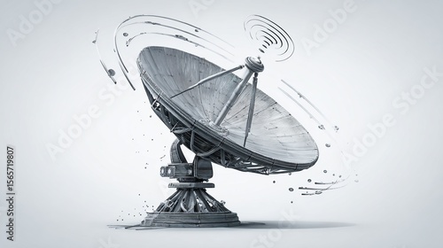 Fototapeta Naklejka Na Ścianę i Meble -  A large, grey satellite dish, seemingly made of clay or stone, rests on a complex base against a light grey background.  Swirling lines suggest signal reception