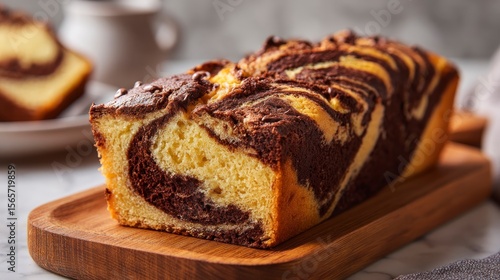 Marbled cake on wooden tray delicious baked dessert food photography