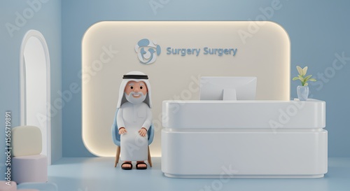 Friendly receptionist in traditional attire greets visitors at a modern medical clinic's reception desk.