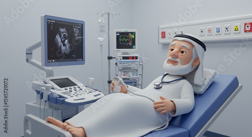 Cartoon elderly man in traditional attire undergoes an ultrasound scan, showcasing advanced medical technology in a modern hospital setting.