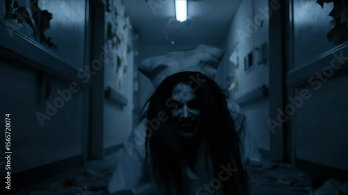 cinematic video of a scary ghost nurse in an old abandoned hospital
