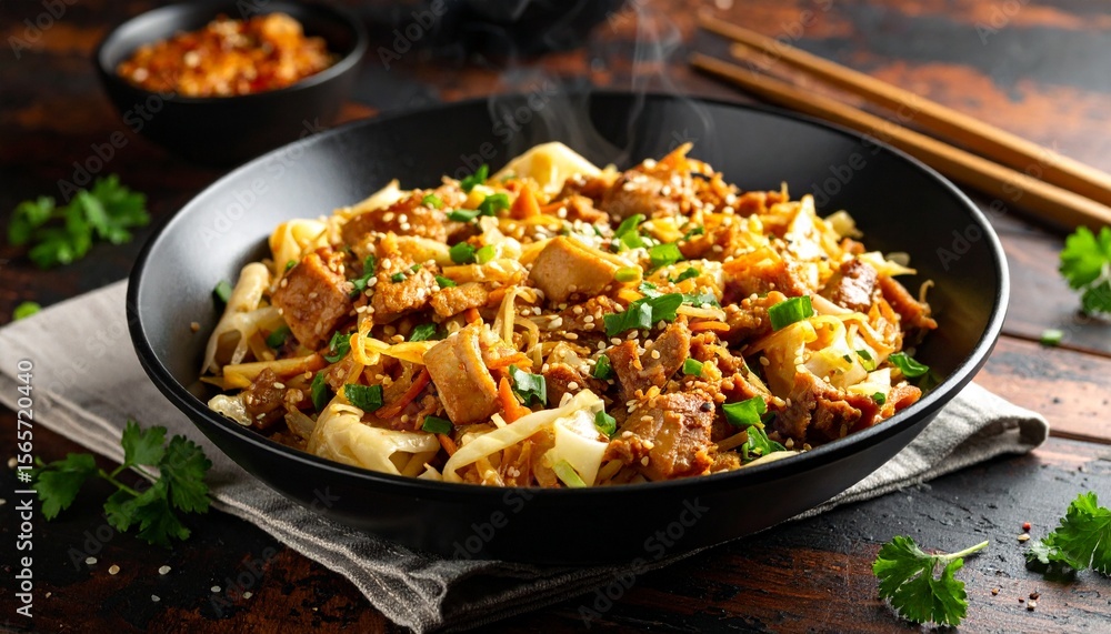 Stir-Frying Rice Cakes in Wok. Chinese Street Food Shot Stir-Frying Rice Cakes in Wok. Chinese Street Food Shot