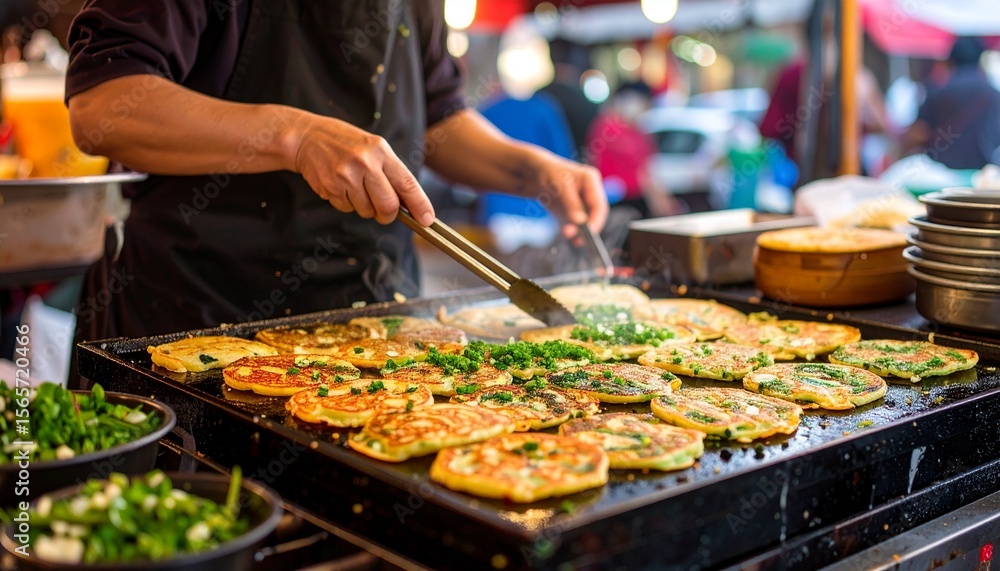 Fototapeta premium Frying Savory Scallion Pancakes at Stall. Chinese Street Food Shot