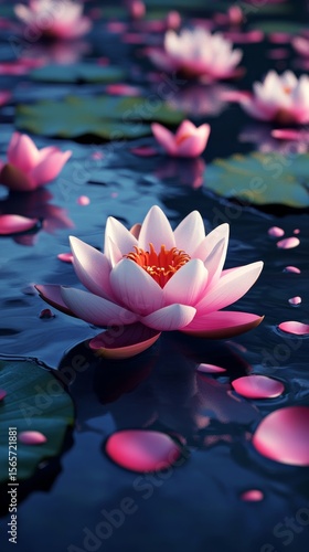 The phone wallpaper displays a serene scene of a pink lotus flower floating amidst green leaves and gentle ripples on a dark blue water surface