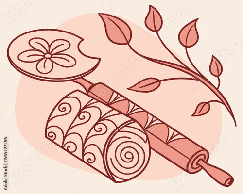 Decorative Baking Tools with Floral Designs and Natural Elements for Culinary Blogs, Recipe Websites, Cooking Classes, and Kitchen Decor Content  