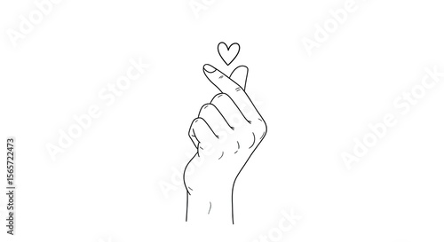 Hand Making Korean Finger Heart Gesture with Small Heart Outline on White Background
