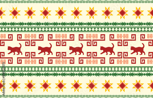 Vector seamless pattern with cat silhouettes and tribal geometric motifs. Monochrome design. Use this pattern for creating pet themed designs, textile prints, packaging, and more. Perfect for cat love