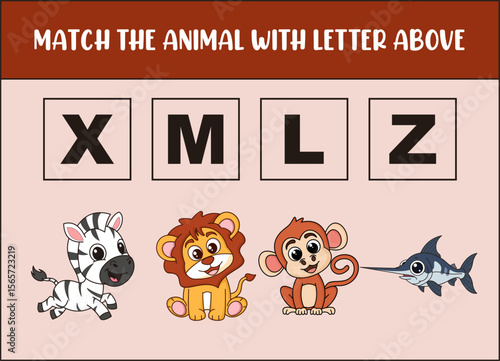 match cute zebra, lion, monkey,  with the letter .