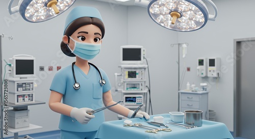 Cartoon surgeon prepares for operation in a modern operating room, ready to use surgical instruments.