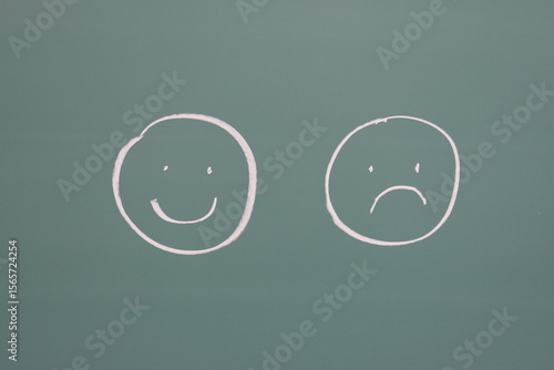 A drawing of emoticon on a chalk board. Representation of the happiness and sadness by a drawing on a school board. Mood and psychology. Psychology in education and mental health.