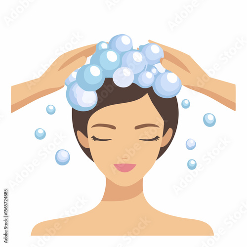 woman's head is being shampooed and there is soap suds flat simple isolated