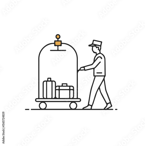 Hotel staff member pushing luggage cart with suitcases indoors  