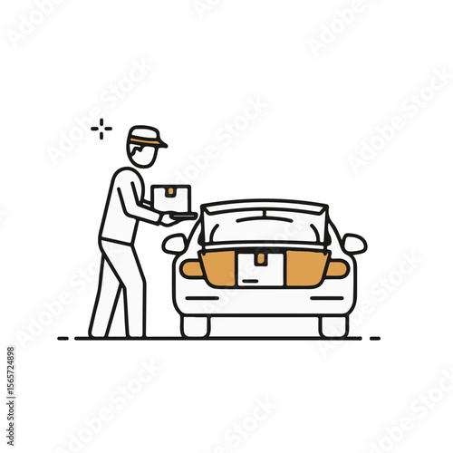Hotel staff unloading luggage from car in minimalist style  