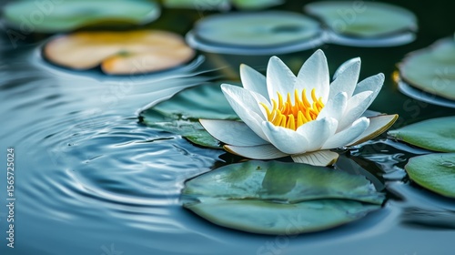 On a pond, a white water lily rests at the surface, its petals a mix of yellow and white glistening with sunlight, while the background is subtly blurred to emphasize the flower