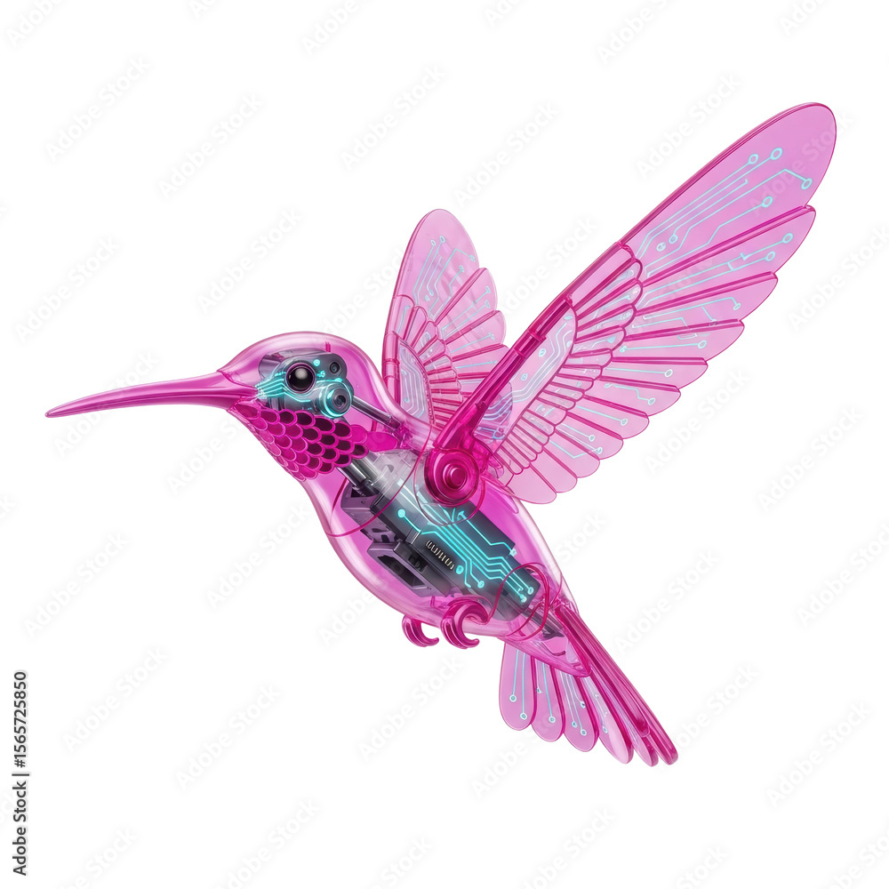 Fototapeta premium A vibrant pink robotic hummingbird with a transparent body revealing glowing blue internal circuitry and intricate mechanical details, symbolizing advanced technology and innovation.