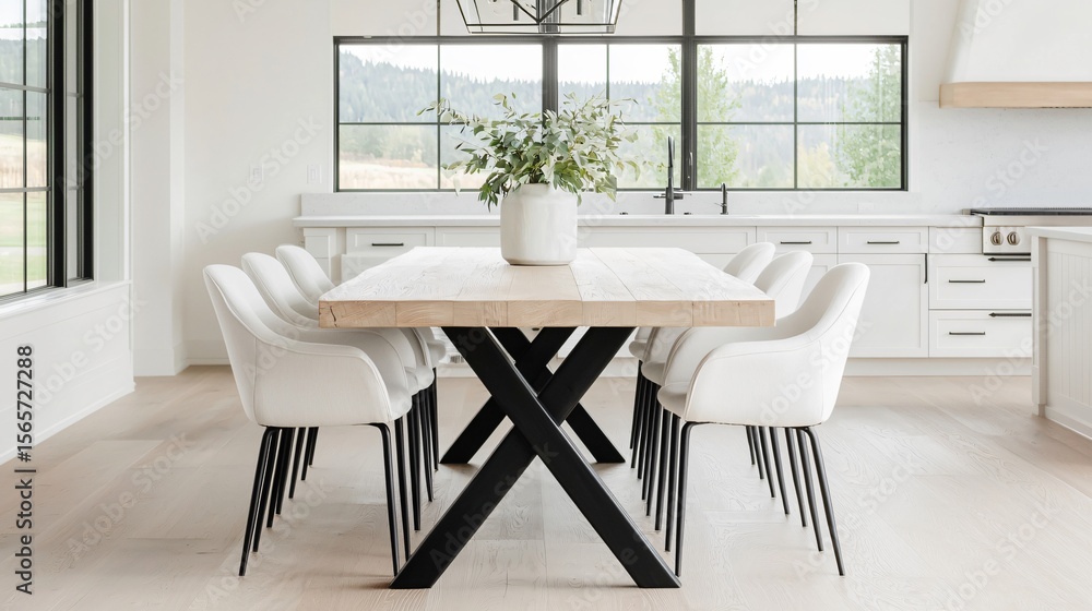 Fototapeta premium A reclaimed wood farmhouse table softly lit by the morning sun through a wide, paned window, anchoring a vast, open-concept kitchen with its rustic charm and minimalist decor