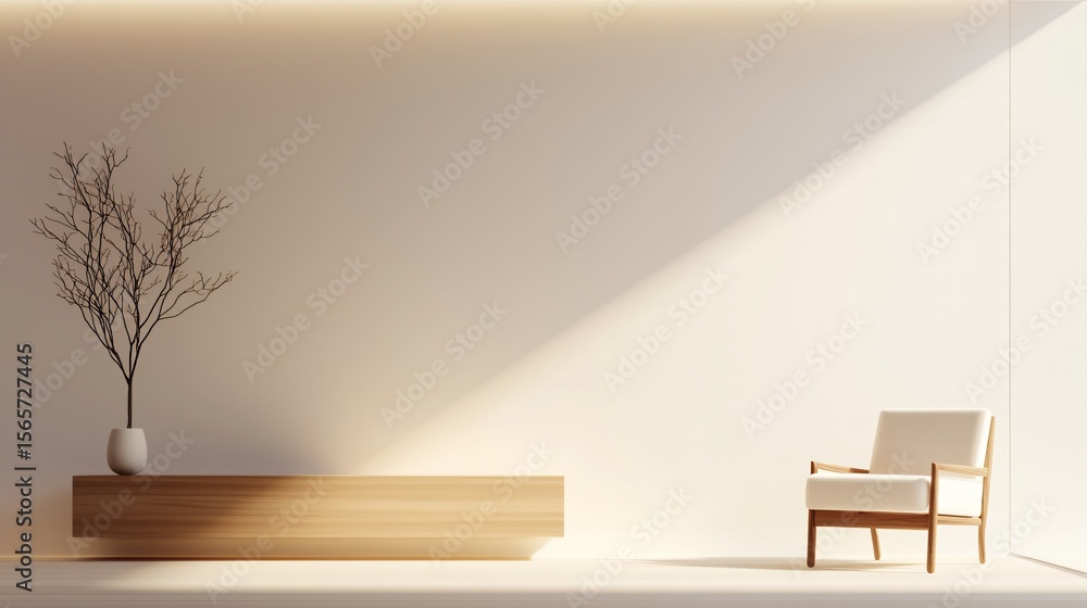 Fototapeta premium A sleek, contemporary wooden credenza illuminated by the soft, even light from a full-height window, emphasizing its clean lines and the expansive, uncluttered wall space around it