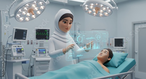 Futuristic Healthcare: A female doctor uses a holographic interface to monitor a patient's vital signs in a modern hospital operating room.