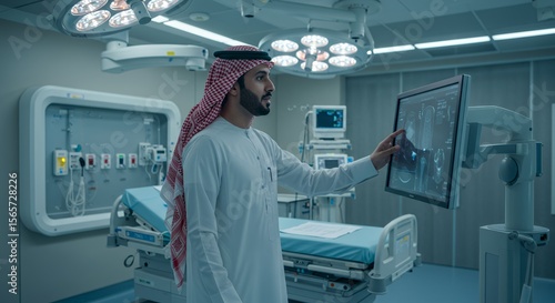 Modern hospital interior shows a man in traditional Middle Eastern attire reviewing medical images on a digital display.
