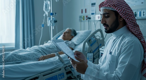 Concerned relative reviews medical charts at a patient's bedside, showing compassion and care in a hospital setting.