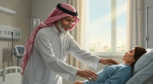 Compassionate visit: A man in traditional Middle Eastern attire offers comfort to a woman resting in a hospital bed, a scene of gentle care and