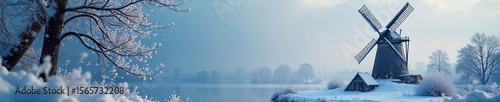 Magical Winter Wonderland Snowflakes Adorn a Dutch Windmill, Creating a Picturesque Holiday Scene Perfect for Festive Projects and Winter-Themed Designs.