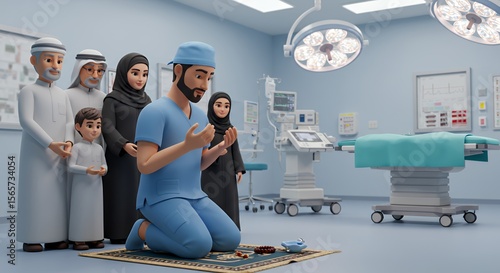 Muslim surgeon prays with family in a sterile operating room, showcasing faith and profession.