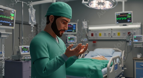 A weary doctor pauses for prayer in a quiet hospital room, his hands clasped in supplication.