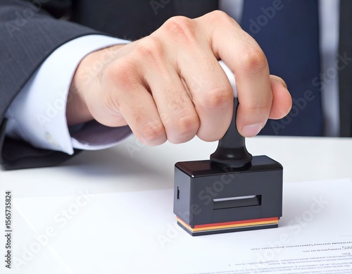 Wallpaper Mural Hand of a professional in a suit using a rubber stamp with German flag colors on a white document for official approval. Torontodigital.ca