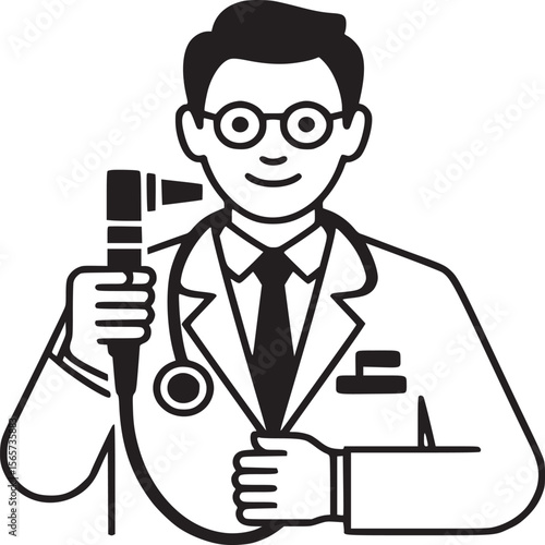 Doctor in lab coat with stethoscope and otoscope in hand in black and white line art style