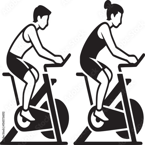 Illustration of two people on stationary bikes in black and white workout fitness exercise concept