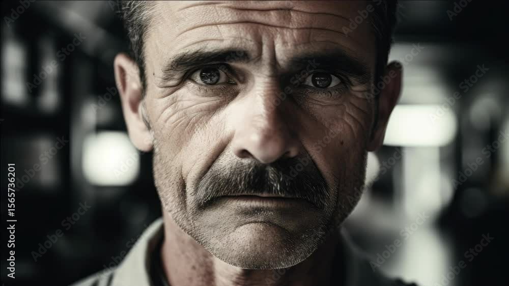 Man with mustache looking at camera, indoor setting Man with mustache looking at camera, indoor setting