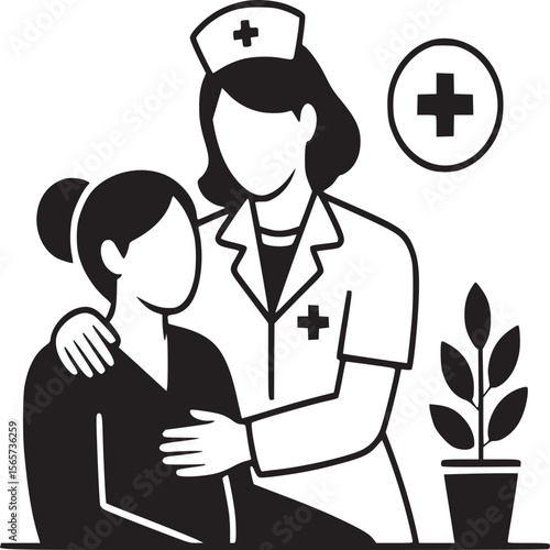 Illustration of a nurse comforting a patient with a plant and medical symbol in the background