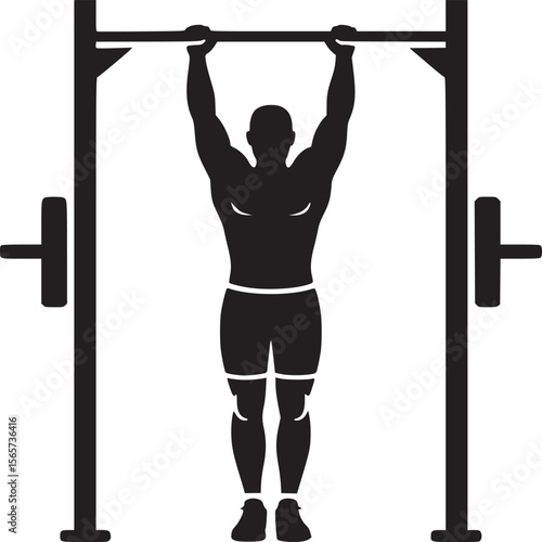Silhouette of a man doing a pull up on a bar with weights on the sides against a white background