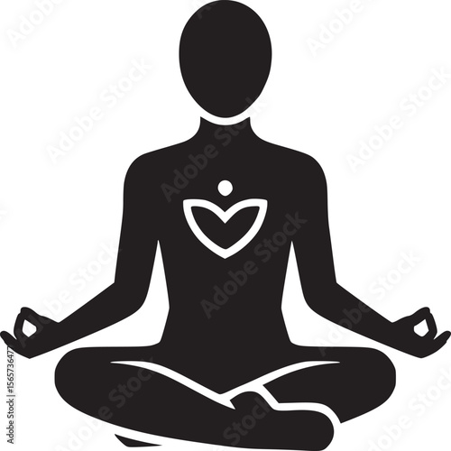 Silhouette of person meditating in lotus position with heart symbol on chest in black and white style