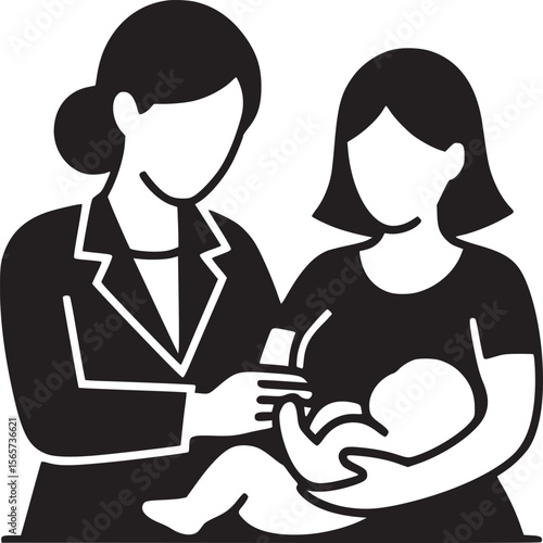 Illustration of a woman in a suit assisting a mother breastfeeding her baby in black and white style