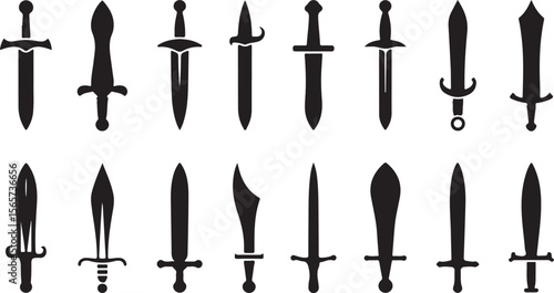 Collection of Black Sword Silhouettes on White Background Various Sword Designs Vector Illustration