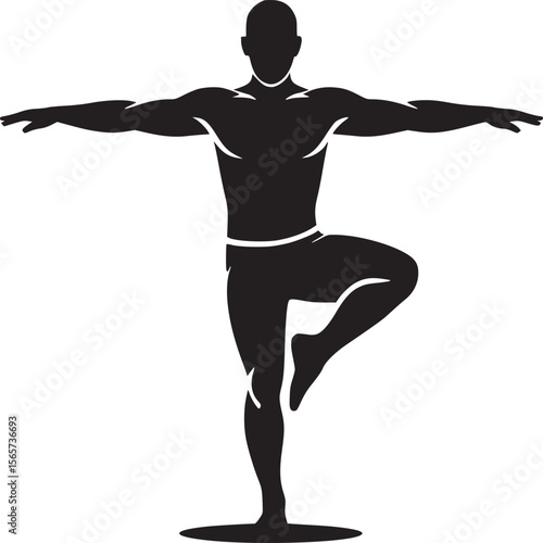 Silhouette of a man in a yoga pose balancing on one leg with arms extended for fitness and wellness