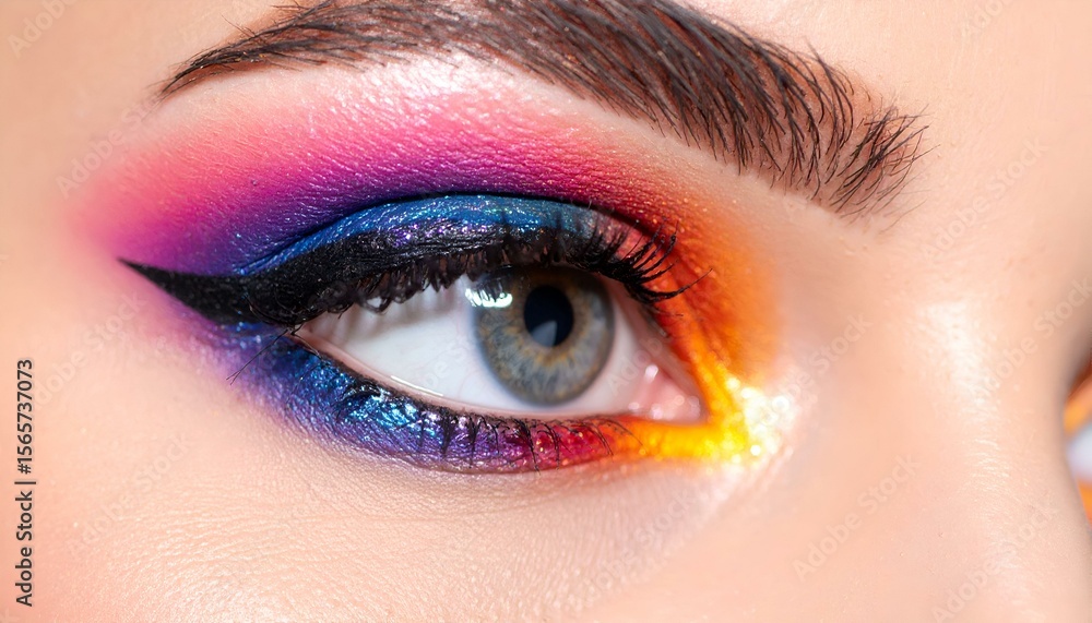 Obraz premium Close-up of a stunning female eye with vibrant, artistic glitter eyeshadow in pink, purple, blue, and orange tones, featuring a sharp black eyeliner wing. Bold and glamorous beauty.