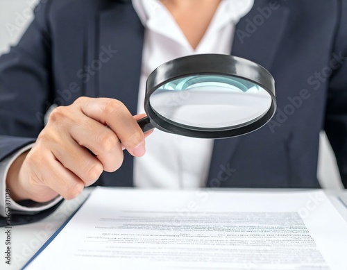 Wallpaper Mural Close-up of a person in a business suit using a magnifying glass to scrutinize a document. Ideal for concepts of inspection, auditing, legal review, attention to detail, and research. Torontodigital.ca