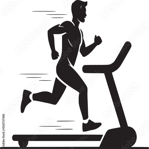 Silhouette of a man running on a treadmill with motion lines indicating speed and movement in black and white