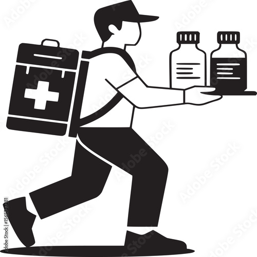 Man delivers medicine with first aid kit backpack and tray of bottles in black and white style
