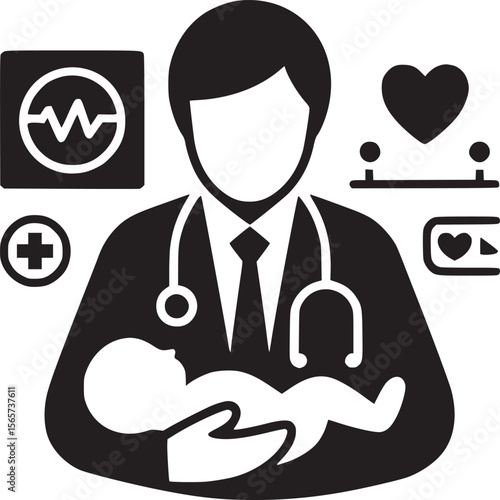 Illustration of a doctor holding a baby with medical icons in black and white color scheme design
