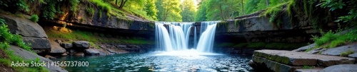 Jagged basalt rocks frame cascading Punch Bowl Falls , rocks, green