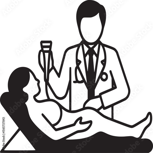 Doctor performing ultrasound on patient lying on examination table in black and white illustration